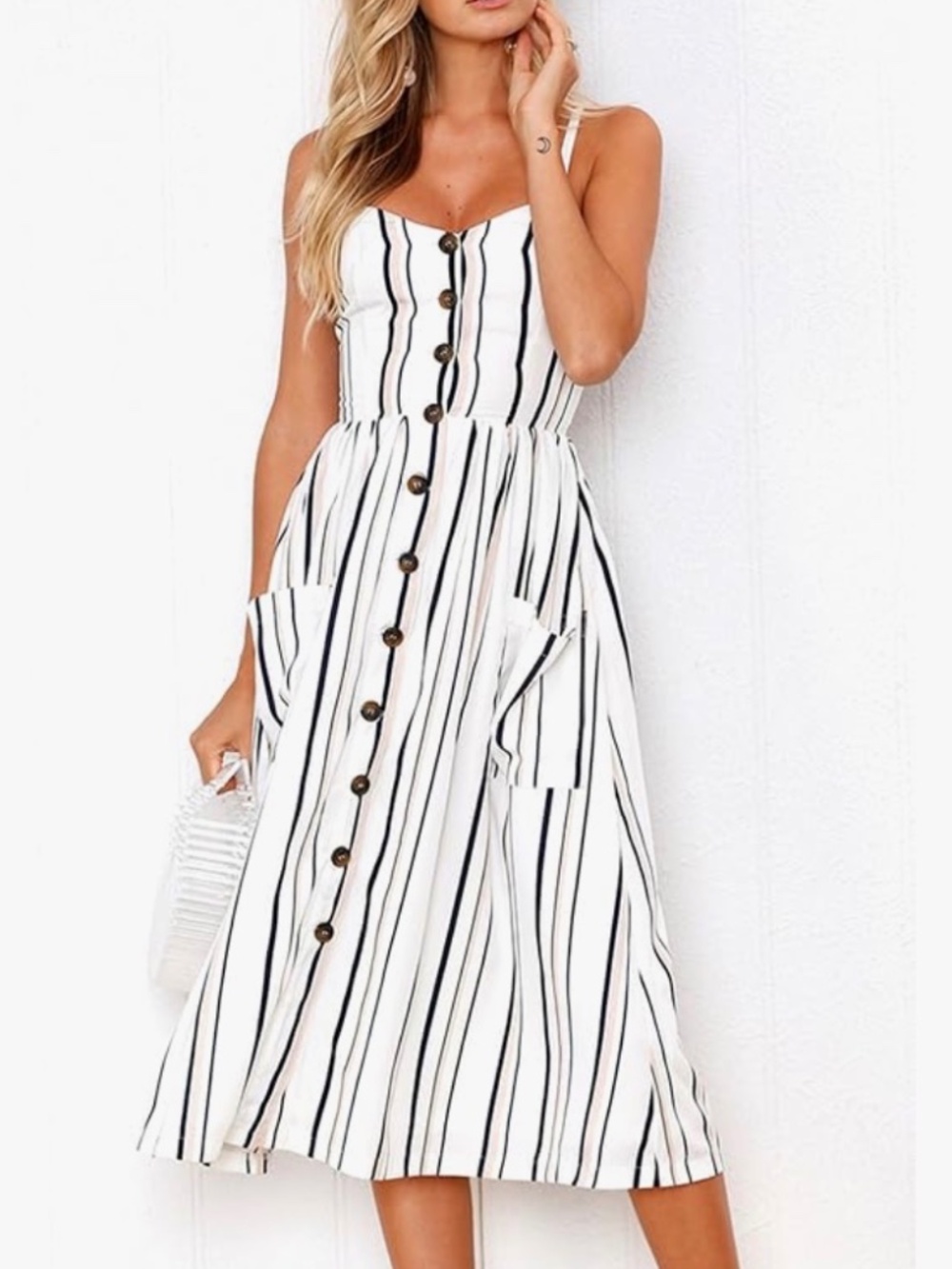 Midi Sundress with Navy & Light Pink Stripes (size L)